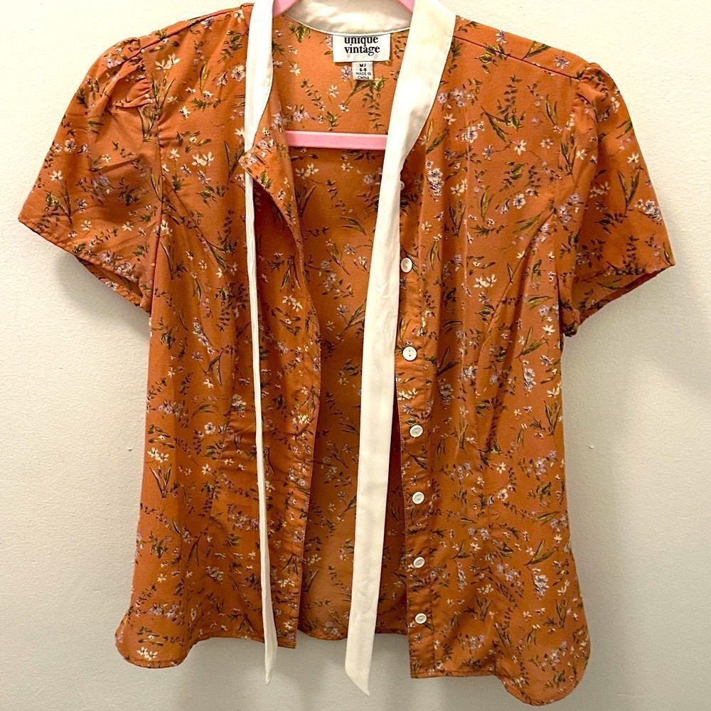 Unique Vintage Floral Blouse with Cream Trim